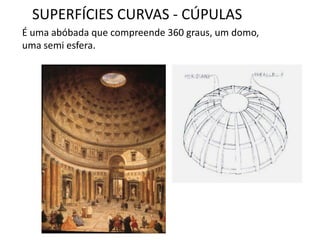 É uma abóbada que compreende 360 graus, um domo,
uma semi esfera.
SUPERFÍCIES CURVAS - CÚPULAS
 