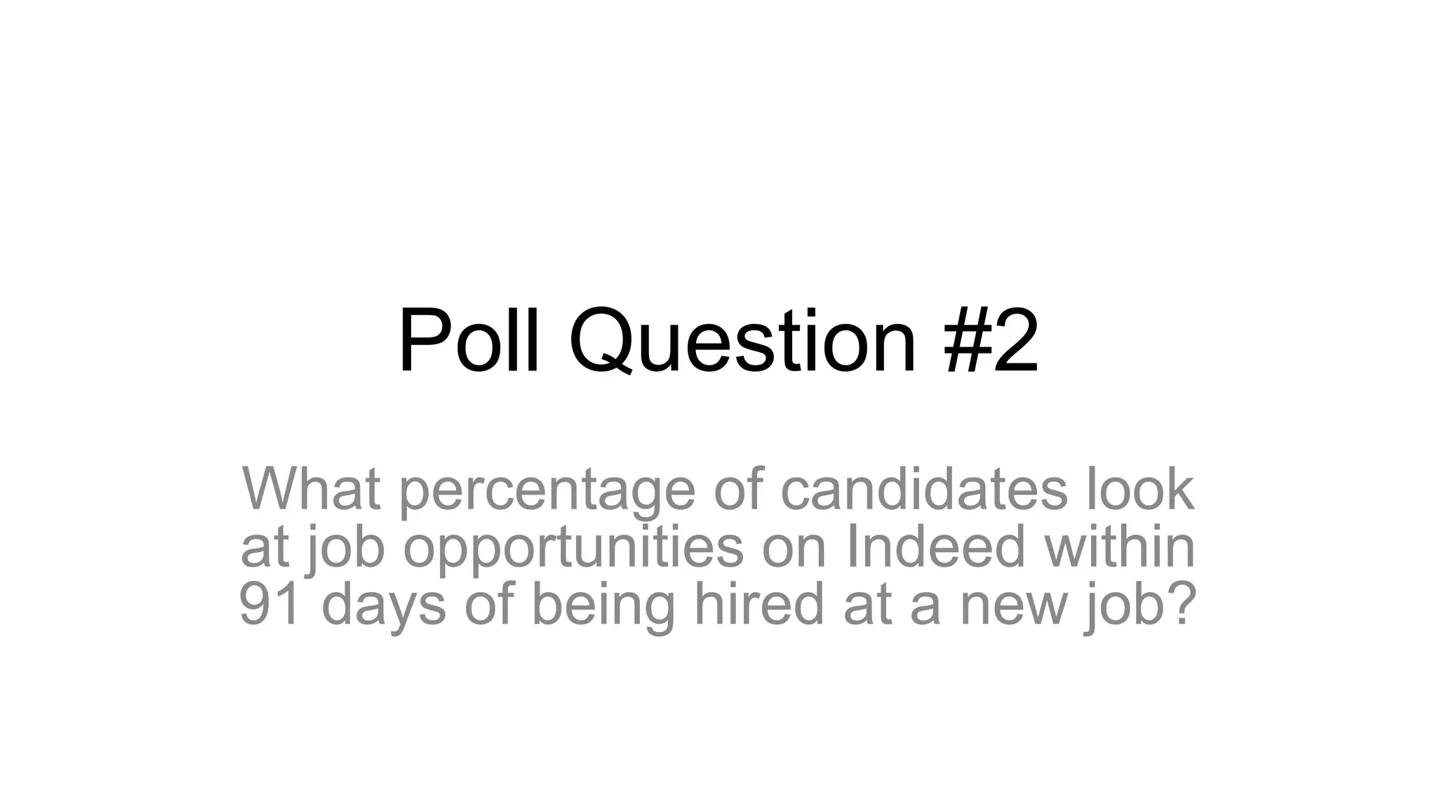 Poll Question #2
What percentage of candidates look
at job opportunities on Indeed within
91 days of being hired at a new job?
 