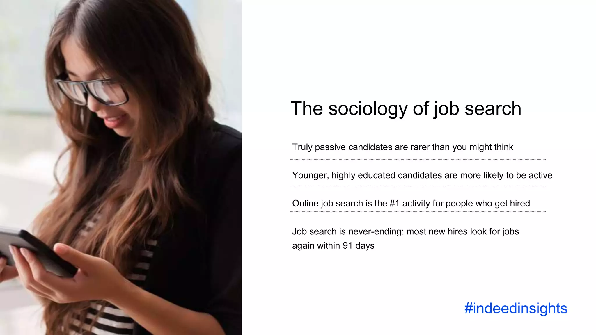 The sociology of job search
Truly passive candidates are rarer than you might think
Younger, highly educated candidates are more likely to be active
Online job search is the #1 activity for people who get hired
Job search is never-ending: most new hires look for jobs
again within 91 days
#indeedinsights
 