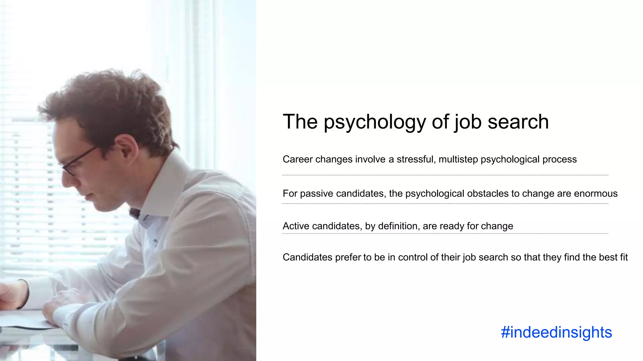 The psychology of job search
Career changes involve a stressful, multistep psychological process
For passive candidates, the psychological obstacles to change are enormous
Active candidates, by definition, are ready for change
Candidates prefer to be in control of their job search so that they find the best fit
#indeedinsights
 