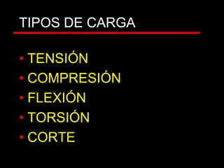 TIPOS DE CARGA
• TENSIÓN
• COMPRESIÓN
• FLEXIÓN
• TORSIÓN
• CORTE
 