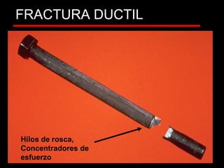 FRACTURA DUCTIL
Hilos de rosca,
Concentradores de
esfuerzo
 