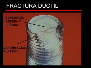 FRACTURA DUCTIL
SUPERFICIE
ASPERA Y
LEÑOSA
DEFORMACIÓN
PLASTICA
 
