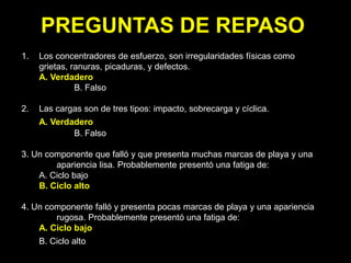 PREGUNTAS DE REPASO
1. Los concentradores de esfuerzo, son irregularidades físicas como
grietas, ranuras, picaduras, y defectos.
A. Verdadero
B. Falso
2. Las cargas son de tres tipos: impacto, sobrecarga y cíclica.
A. Verdadero
B. Falso
3. Un componente que falló y que presenta muchas marcas de playa y una
apariencia lisa. Probablemente presentó una fatiga de:
A. Ciclo bajo
B. Ciclo alto
4. Un componente falló y presenta pocas marcas de playa y una apariencia
rugosa. Probablemente presentó una fatiga de:
A. Ciclo bajo
B. Ciclo alto
 