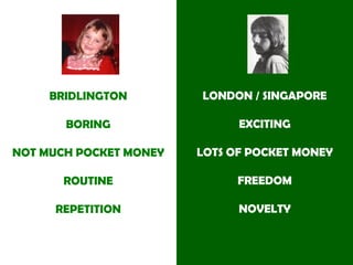 BRIDLINGTON
BORING
NOT MUCH POCKET MONEY
ROUTINE
REPETITION
TEACHING
LONDON / SINGAPORE
EXCITING
LOTS OF POCKET MONEY
FREE...