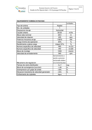 Resumen Ejecutivo del Proyecto
Estudio de Pre Operatividad - C.H.Ayanunga-CH Pacchac
02-2015
Página 13 de 26
EQUIPAMIENTO TURBINA CH PACCHAC
unidades
Tipo de turbina Kaplan
Nro. de unidades 1
Disposicion de eje horizontal
Caudal unitario 55.63 m3/s
Altura neta nominal 28.5 m
Velocidad de rotacion 225 rpm
Potencia mecanica al eje 13670 kW
Carga minima de operación 40% %
Rendimiento a plena carga mayor 91% %
Numero especifico de velocidad 465 m-CV
Numero especifico de velocidad 342 m-kW
Altura de montaje 1200 msnm
Velocidad de embalamiento 540 rpm
Mecanismo de regulacion
Servomotores a
aceite a presion
accionado alabes
en el distribuidor
Tiempo de cierre distribuidor 4 a 7 seg.
Altura de sumergencia (succion) -1.00 m
Sobrepresion por golpe de ariete <30% %
Elevacion transitoria de velocidad generador <35% %
Enfriamiento de cojinetes Agua
 