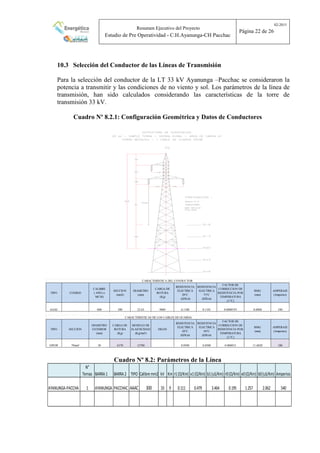Resumen Ejecutivo del Proyecto
Estudio de Pre Operatividad - C.H.Ayanunga-CH Pacchac
02-2015
Página 22 de 26
10.3 Selección del Conductor de las Líneas de Transmisión
Para la selección del conductor de la LT 33 kV Ayanunga –Pacchac se consideraron la
potencia a transmitir y las condiciones de no viento y sol. Los parámetros de la línea de
transmisión, han sido calculados considerando las características de la torre de
transmisión 33 kV.
Cuadro Nº 8.2.1: Configuración Geométrica y Datos de Conductores
Cuadro Nº 8.2: Parámetros de la Línea
TIPO CODIGO
CALIBRE
( AWG o
MCM)
SECCION
(mm2)
DIAMETRO
(mm)
CARGA DE
ROTURA
(Kg)
RESISTENCIA
ELECTRICA
20°C
(Ω/Km)
RESISTENCIA
ELECTRICA
75°C
(Ω/Km)
FACTOR DE
CORRECCION DE
RESISTENCIA POR
TEMPERATURA
(1/°C)
RMG
(mm)
AMPERAJE
(Amperios)
AAAC 600 300 22.63 9069 0.1100 0.1101 0.0000193 8.6800 540
TIPO SECCION
DIAMETRO
EXTERIOR
(mm)
CARGA DE
ROTURA
(Kg)
MODULO DE
ELASTICIDAD
(Kg/mm²)
HILOS
RESISTENCIA
ELECTRICA
20°C
(Ω/Km)
RESISTENCIA
ELECTRICA
50°C
(Ω/Km)
FACTOR DE
CORRECCION DE
RESISTENCIA POR
TEMPERATURA
(1/°C)
RMG
(mm)
AMPERAJE
(Amperios)
OPGW 70mm² 30 6370 12700 0.0500 0.0500 0.000015 11.6820 100
CARACTERISTICA DEL CONDUCTOR
CARACTERISTICAS DE LOS CABLES DE GUARDA
N°
Ternas BARRA1 BARRA2 TIPO Calibre mm2 kV Km r1(Ω/Km) x1(Ω/Km) b1(uS/Km) r0(Ω/Km) x0(Ω/Km) b0(uS/Km) Amperios
AYANUNGA-PACCHA 1 AYANUNGA PACCHAC AAAC 300 33 9 0.111 0.479 3.464 0.195 1.257 2.062 540
 