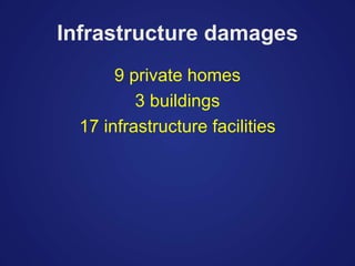 Infrastructure damages
9 private homes
3 buildings
17 infrastructure facilities