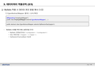 Page l 6
q MyBatis 적용 시 데이터 처리 방법 예시 (1/2)
1) EgovAbstractMapper 클래스 상속/확장
– MyBatis 사용을 위한 XML 설정파일 3가지
• MyBatis 공통설정파일 ( <configuration> ~ </configuration> )
• SQL 매핑파일 ( <mapper> ~ </ mapper > )
• SqlSessionFactoryBean 빈설정
3. 데이터처리 적용규칙 (2/3)
public abstract class EgovAbstractMapper extends SqlSessionDaoSupport {
@Repository("employeeMapper")
public class EmployeeMapper extends EgovAbstractMapper { … }
 