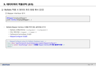 Page l 7
q MyBatis 적용 시 데이터 처리 방법 예시 (2/2)
2) Mapper Interface 방식
– MyBatis Mapper Interface 사용을 위한 XML 설정파일 4가지
• MyBatis 공통설정파일 ( <configuration> ~ </configuration> )
• SQL 매핑파일 ( <mapper> ~ </ mapper > )
• SqlSessionFactoryBean 빈설정
• MapperConfigurer 빈설정
3. 데이터처리 적용규칙 (2/3)
@Mapper("employeeMapper")
public interface EmployeeMapper { … }
<!-- MapperConfigurer setup for MyBatis Database Layer -->
<bean class="egovframework.rte.psl.dataaccess.mapper.MapperConfigurer">
<property name="basePackage" value=" 스캔할 Mapper Interface가 속한 풀패키지명" />
</bean>
 