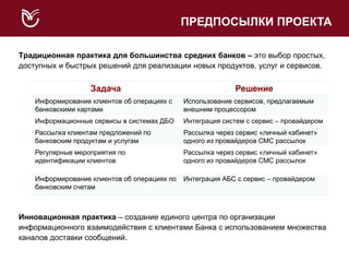 Традиционная практика для большинства средних банков – это выбор простых,
доступных и быстрых решений для реализации новых продуктов, услуг и сервисов.
Инновационная практика – создание единого центра по организации
информационного взаимодействия с клиентами Банка с использованием множества
каналов доставки сообщений.
ПРЕДПОСЫЛКИ ПРОЕКТА
Задача Решение
Информирование клиентов об операциях с
банковскими картами
Использование сервисов, предлагаемым
внешним процессором
Информационные сервисы в системах ДБО Интеграция систем с сервис – провайдером
Рассылка клиентам предложений по
банковским продуктам и услугам
Рассылка через сервис «личный кабинет»
одного из провайдеров СМС рассылок
Регулярные мероприятия по
идентификации клиентов
Рассылка через сервис «личный кабинет»
одного из провайдеров СМС рассылок
Информирование клиентов об операциях по
банковским счетам
Интеграция АБС с сервис – провайдером
 