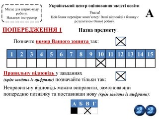 21
Місце для штрих-коду
роботи.
Наклеює інструктор
Український центр оцінювання якості освіти
Увага!
Цей бланк перевіряє комп’ютер! Ваші відповіді в бланку є
результатом Вашої роботи.
А
Назва предмету
Позначте номер Вашого зошита так:
1 2 3 4 5 6 7 8 9 10 11 12 13 14 15
Правильну відповідь у завданнях
(крім завдань із цифрами) позначайте тільки так:
Неправильну відповідь можна виправити, замалювавши
попередню позначку та поставивши нову (крім завдань із цифрами):
А Б В Г
ПОПЕРЕДЖЕННЯ 1
 