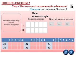 Приклад: математика. Частина 3
Увага! Писати в полі екзаменаторів заборонено!
Місце для штрих-коду
роботи.
Наклеює інструктор
Поле
екзаменаторів
0 1 2 3 4 0 1 2 3 4 0 1 2 3 4 5 6
31 32 33
31 32 33
Код екзаменатора
І
ІІ
Б
31 32 33
Відсутні записи у завданні
ПОПЕРЕДЖЕННЯ 2
 