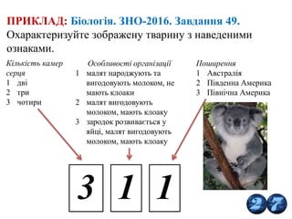 ПРИКЛАД: Біологія. ЗНО-2016. Завдання 49.
Охарактеризуйте зображену тварину з наведеними
ознаками.
Кількість камер
серця
1 дві
2 три
3 чотири
Особливості організації
1 малят народжують та
вигодовують молоком, не
мають клоаки
2 малят вигодовують
молоком, мають клоаку
3 зародок розвивається у
яйці, малят вигодовують
молоком, мають клоаку
Поширення
1 Австралія
2 Південна Америка
3 Північна Америка
3 1 1
 