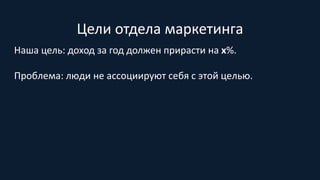 Цели отдела маркетинга
Наша цель: доход за год должен прирасти на х%.
Проблема: люди не ассоциируют себя с этой целью.
 