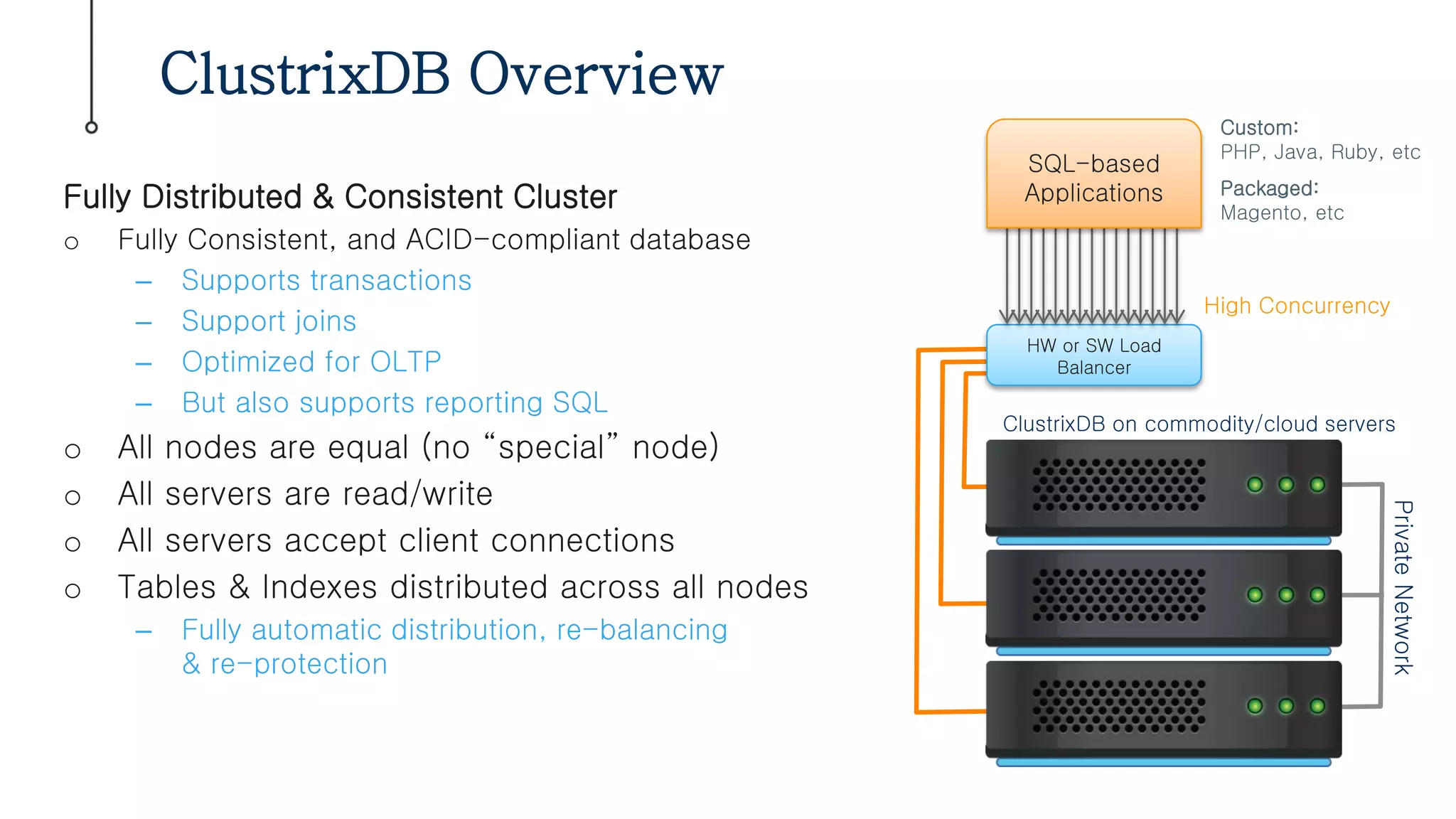 ClustrixDB Overview
Fully Distributed & Consistent Cluster
o Fully Consistent, and ACID-compliant database
– Supports transactions
– Support joins
– Optimized for OLTP
– But also supports reporting SQL
o All nodes are equal (no “special” node)
o All servers are read/write
o All servers accept client connections
o Tables & Indexes distributed across all nodes
– Fully automatic distribution, re-balancing
& re-protection
PrivateNetwork
ClustrixDB on commodity/cloud servers
HW or SW Load
Balancer
SQL-based
Applications
High Concurrency
Custom:
PHP, Java, Ruby, etc
Packaged:
Magento, etc
 