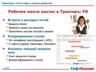 15/18
Трактиръ: итоги года и планы развития
Встреча и рассадка гостей
• Выдать меню
• Принять заказ на напитки
• Заполнить состав гостей в заказе
Резервирование столов
• По телефону (интеграция с АТС)
• С сайта (сервис Трактиръ: Онлайн)
Контроль текущей загрузки
зала
• Учет емкости столов
• Вызов официанта к столу
 