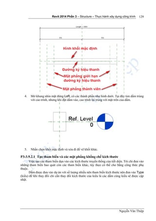 Revit 2014 Phần 3 – Structure – Thực hành xây dựng công trình
Nguyễn Văn Thiệp
129
4. Mở khung nhìn mặt đứng Left, có các thành phần như hình dưới. Tại đây tim dầm trùng
với cao trình, nhưng khi đặt dầm vào, cao trình lại trùng với mặt trên của dầm.
5. Nhấn chọn khối mặc định và xóa đi để vẽ khối khác.
P3-3.9.2.1 Tạo tham biến và các mặt phẳng khống chế kích thước
Việc tạo các tham biến dựa vào các kích thước truyền thống của tiết diện. Tôi chỉ đưa vào
những tham biến bao quát còn các tham biến khác, tùy theo có thể cho bằng công thức phụ
thuộc.
Dầm được đưa vào dự án với số lượng nhiều nên tham biến kích thước nên đưa vào Type
(kiểu) để khi thay đổi chỉ cần thay đổi kích thước của kiểu là các dầm cùng kiểu sẽ được cập
nhật.
 