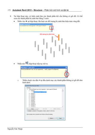 Autodesk Revit 2013 – Structure – Phân tích mô hình và đặt tải
Nguyễn Văn Thiệp
172
8. Tại hộp thoại này, có hiện cảnh báo các thành phần kết cấu không có gối đỡ. Có thể
xem các thành phần bị cảnh báo bằng 2 cách:
 Nhấn vào  tại hộp thoại, lần lượt các đối tượng bị cảnh báo hiện màu vàng đất.
 Nhấn nút , hộp thoại tiếp tục mở ra.
o Nhấn chuột vào dấu + tại đầu danh mục các thành phần không có gối đỡ như
hình dưới.
 