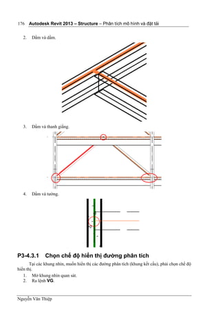 Autodesk Revit 2013 – Structure – Phân tích mô hình và đặt tải
Nguyễn Văn Thiệp
176
2. Dầm và dầm.
3. Dầm và thanh giằng.
4. Dầm và tường.
P3-4.3.1 Chọn chế độ hiển thị đường phân tích
Tại các khung nhìn, muốn hiển thị các đường phân tích (khung kết cấu), phải chọn chế độ
hiển thị.
1. Mở khung nhìn quan sát.
2. Ra lệnh VG.
 