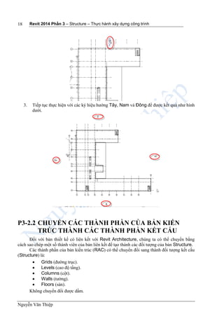 Revit 2014 Phần 3 – Structure – Thực hành xây dựng công trình
Nguyễn Văn Thiệp
18
3. Tiếp tục thực hiện với các ký hiệu hướng Tây, Nam và Đông để được kết quả như hình
dưới.
P3-2.2 CHUYỂN CÁC THÀNH PHẦN CỦA BẢN KIẾN
TRÚC THÀNH CÁC THÀNH PHẦN KẾT CẤU
Đối với bản thiết kế có liên kết với Revit Architecture, chúng ta có thể chuyển bằng
cách sao chép một số thành viên của bản liên kết để tạo thành các đối tượng của bản Structure.
Các thành phần của bản kiến trúc (RAC) có thể chuyển đổi sang thành đối tượng kết cấu
(Structure) là:
 Grids (đường trục).
 Levels (cao độ tầng).
 Columns (cột).
 Walls (tường).
 Floors (sàn).
Không chuyển đổi được dầm.
 