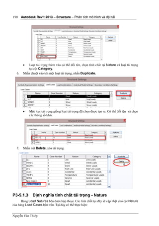 Autodesk Revit 2013 – Structure – Phân tích mô hình và đặt tải
Nguyễn Văn Thiệp
190
 Loạt tải trọng thêm vào có thể đổi tên, chọn tính chất tại Nature và loại tải trọng
tại cột Category.
6. Nhấn chuột vào tên một loạt tải trọng, nhấn Duplicate.
 Một loạt tải trọng giống loạt tải trọng đã chọn được tạo ra. Có thể đổi tên và chọn
các thông số khác.
7. Nhấn nút Delete, xóa tải trọng.
P3-5.1.3 Định nghĩa tính chất tải trọng - Nature
Bảng Load Natures bên dưới hộp thoại. Các tính chất tại đây sẽ cập nhật cho cột Nature
của bảng Load Cases bên trên. Tại đây có thể thực hiện:
 