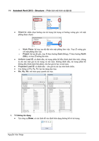 Autodesk Revit 2013 – Structure – Phân tích mô hình và đặt tải
Nguyễn Văn Thiệp
196
 Orient to: nhấn chọn hướng của tải trọng (tải trọng có hướng vuông góc với mặt
phằng được chọn):
o Work Plane: hệ trục tọa độ đặt trên mặt phẳng làm việc. Trục Z vuông góc
với mặt phẳng làm việc.
o Project: hệ tọa độ gốc, trục X theo hướng East (Đông), Y theo hướng North
(Bắc), và trục Z hướng lên trên.
 Uniform Load : có đánh dấu, tải trọng phân bố đều (hình dưới bên trái), chúng
ta chỉ cho một giá trị tải trọng và mô men. Không đánh dấu, tải trọng phân bố
không đều (hình dưới bên phải), cho hai giá trị lực và mô men.
 Projected Load : có đánh dấu – cho giá trị các lực trên hình chiếu.
 Các thông số Fx, Fy, Fz: lực tác dụng dọc trục.
 Mx, My, Mz: mô men quay quanh các trục.
6. Vẽ đường tác dụng:
 Tại công cụ Draw, có các lệnh để xác định biên dạng đường bố trí tải trọng.
 