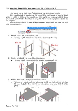 Autodesk Revit 2013 – Structure – Phân tích mô hình và đặt tải
Nguyễn Văn Thiệp
200
Việc ra lệnh, gán tải và các tham số giống như các loại tải đã giới thiệu ở trên.
Điều khác biệt ở đây là nếu dùng các lệnh gán tải không phải Hosted thì các vị trí đặt tải
có thể vẽ bất kỳ, có thể không liên quan đến các đối tượng kết cấu mà chúng ta đã xây dựng,
còn các lệnh gán tải Hosted thì bắt buộc tải trọng phải đặt vào các đối tượng thành viên kết cấu
của công trình.
Phải chọn nhấn đánh dấu  Show Analytical Model Categories in this View mới chọn
được mô hình phân tích.
1. Hosted Point Load – tải trọng tập trung.
 Tải trọng này bắt điểm vào các nút kết cấu (đầu cột hoặc đầu dầm).
2. Hosted Line Load – tải trọng phân bố theo đường.
 Tải trọng này bắt vào tim tường, dầm, mép sàn, mép tường kết cấu.
3. Hosted Area Load – tải trọng phân bố trên diện tích.
 Tải trọng này bắt vào cạnh mép tường, mép sàn kết cấu (hình dưới bên trái). Sau
khi nhấn chuột, lực được phân bố trên toàn mặt sàn hoặc tường (hình dưới bên
phải).
 