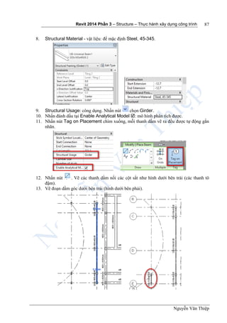Revit 2014 Phần 3 – Structure – Thực hành xây dựng công trình
Nguyễn Văn Thiệp
87
8. Structural Material - vật liệu: để mặc định Steel, 45-345.
9. Structural Usage: công dụng. Nhấn nút chọn Girder.
10. Nhấn đánh dấu tại Enable Analytical Model : mô hình phân tích được.
11. Nhấn nút Tag on Placement chìm xuống, mỗi thanh dầm vẽ ra đều được tự động gắn
nhãn.
12. Nhấn nút . Vẽ các thanh dầm nối các cột sắt như hình dưới bên trái (các thanh tô
đậm).
13. Vẽ đoạn dầm góc dưới bên trái (hình dưới bên phải).
 