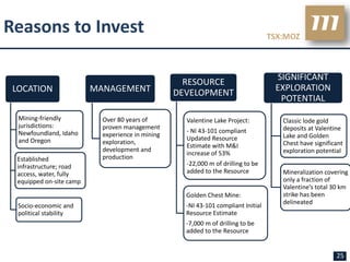 Reasons to Invest                                                                  TSX:MOZ



                                                                                    SIGNIFICANT
                                                    RESOURCE
 LOCATION                MANAGEMENT                                                 EXPLORATION
                                                  DEVELOPMENT
                                                                                     POTENTIAL
  Mining-friendly          Over 80 years of         Valentine Lake Project:           Classic lode gold
  jurisdictions:           proven management                                          deposits at Valentine
  Newfoundland, Idaho                               - NI 43-101 compliant
                           experience in mining                                       Lake and Golden
  and Oregon                                        Updated Resource
                           exploration,                                               Chest have significant
                                                    Estimate with M&I
                           development and                                            exploration potential
                                                    increase of 53%
 Established               production
 infrastructure; road                               -22,000 m of drilling to be
 access, water, fully                               added to the Resource             Mineralization covering
 equipped on-site camp                                                                only a fraction of
                                                                                      Valentine’s total 30 km
                                                    Golden Chest Mine:                strike has been
                                                                                      delineated
  Socio-economic and                                -NI 43-101 compliant Initial
  political stability                               Resource Estimate
                                                    -7,000 m of drilling to be
                                                    added to the Resource


                                                                                                         25
 