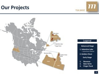 Our Projects   TSX:MOZ




                         Legend
                   Advanced Stage
                  1. Valentine Lake
                       – Leprechaun Deposit
                  2. Golden Chest
                         Early Stage

                  1.     Bonanza
                  2.     Baie Verte
                  3.     Finger Pond


                                              6
 