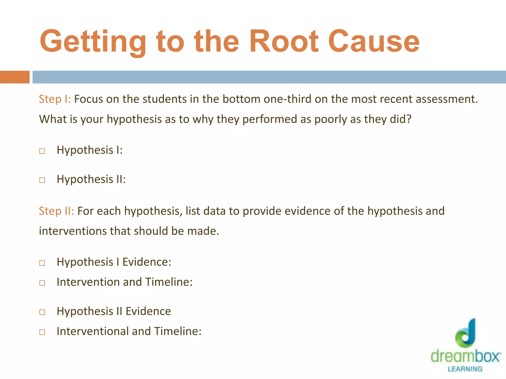 Getting to the Root Cause
Step I: Focus on the students in the bottom one-third on the most recent assessment.
What is your hypothesis as to why they performed as poorly as they did?
 Hypothesis I:
 Hypothesis II:
Step II: For each hypothesis, list data to provide evidence of the hypothesis and
interventions that should be made.
 Hypothesis I Evidence:
 Intervention and Timeline:
 Hypothesis II Evidence
 Interventional and Timeline:
19
 