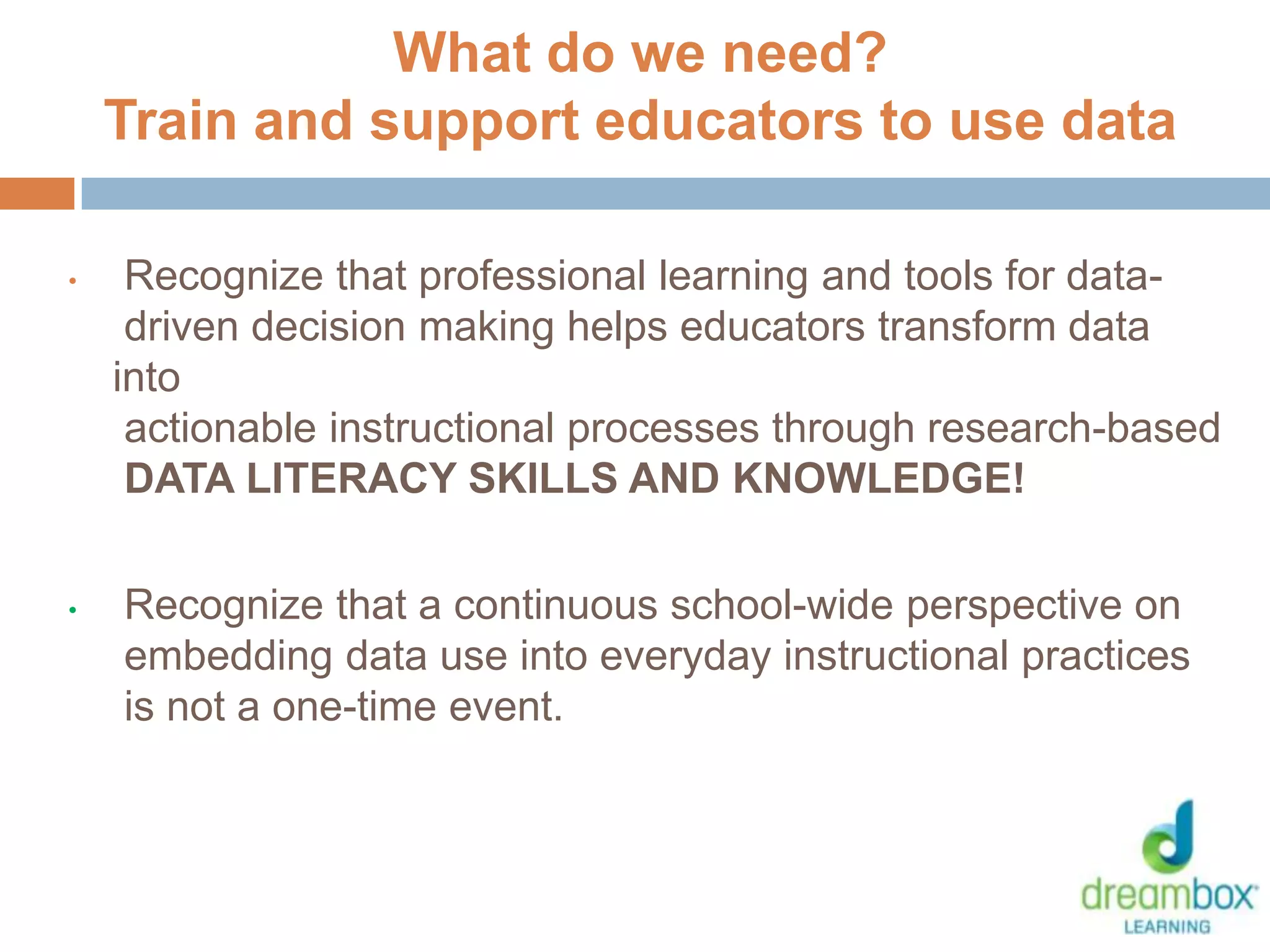 • Recognize that professional learning and tools for data-
driven decision making helps educators transform data
into
actionable instructional processes through research-based
DATA LITERACY SKILLS AND KNOWLEDGE!
• Recognize that a continuous school-wide perspective on
embedding data use into everyday instructional practices
is not a one-time event.
What do we need?
Train and support educators to use data
29
 