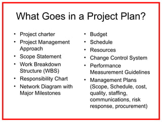 What Goes in a Project Plan?
• Project charter
• Project Management
Approach
• Scope Statement
• Work Breakdown
Structure (WBS)
• Responsibility Chart
• Network Diagram with
Major Milestones
• Budget
• Schedule
• Resources
• Change Control System
• Performance
Measurement Guidelines
• Management Plans
(Scope, Schedule, cost,
quality, staffing,
communications, risk
response, procurement)
 