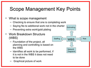 Scope Management Key Points
• What is scope management
– Checking to ensure that one is completing work
– Saying No to additional work not in the charter
– Preventing extra work/gold plating
• Work Breakdown Structure
(WBS)
– Foundation of the project, all
planning and controlling is based on
the WBS
– Identifies all work to be performed, if
it is not in the WBS it does not need
to be done
– Graphical picture of work
WBS
Estimating
Network
Diagrams
Staffing Risk
 