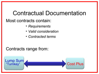 Contractual Documentation
Most contracts contain:
• Requirements
• Valid consideration
• Contracted terms
Contracts range from:
Lump Sum
“Turnkey” Cost Plus
 