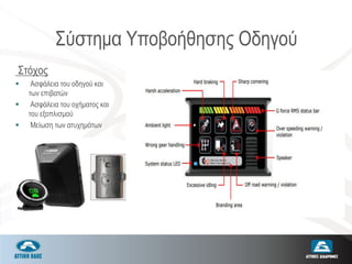 Σύστημα Υποβοήθησης Οδηγού
Στόχος
 Ασφάλεια του οδηγού και
των επιβατών
 Ασφάλεια του οχήματος και
του εξοπλισμού
 Μείωση των ατυχημάτων
 