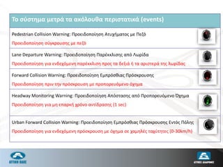 Το σύστημα μετρά τα ακόλουθα περιστατικά (events)
Pedestrian Collision Warning: Προειδοποίηση Ατυχήματος με Πεζό
Προειδοποίηση σύγκρουσης με πεζό
Lane Departure Warning: Προειδοποίηση Παρέκκλισης από Λωρίδα
Προειδοποίηση για ενδεχόμενη παρέκκλιση προς τα δεξιά ή τα αριστερά της λωρίδας
Forward Collision Warning: Προειδοποίηση Εμπρόσθιας Πρόσκρουσης
Προειδοποίηση πριν την πρόσκρουση με προπορευόμενο όχημα
Headway Monitoring Warning: Προειδοποίηση Απόστασης από Προπορευόμενο Όχημα
Προειδοποίηση για μη επαρκή χρόνο αντίδρασης (1 sec)
Urban Forward Collision Warning: Προειδοποίηση Εμπρόσθιας Πρόσκρουσης Εντός Πόλης
Προειδοποίηση για ενδεχόμενη πρόσκρουση με όχημα σε χαμηλές ταχύτητες (0-30km/h)
 