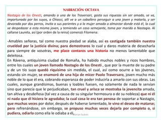 NARRACIÓN OCTAVA
Nastagio de los Onesti, amando a una de los Traversari, gasta sus riquezas sin ser amado, se va,
importunado por los suyos, a Chiassi, allí ve a un caballero perseguir a una joven y matarla, y ser
devorada por dos perros, invita a sus parientes y a la mujer amada a almorzar donde está él, la cual
ve despedazar a esta misma joven, y temiendo un caso semejante, toma por marido a Nastagio. Al
callarse Laureta, así (por orden de la reina) comenzó Filomena:
-Amables señoras, tal como nuestra piedad se alaba, así es castigada también nuestra
crueldad por la justicia divina; para demostraros lo cual y daros materia de desecharla
para siempre de vosotras, me place contaros una historia no menos lamentable que
deleitosa.
En Rávena, antiquísima ciudad de Romaña, ha habido muchos nobles y ricos hombres,
entre los cuales un joven llamado Nastagio de los Onesti , que por la muerte de su padre
y de un tío suyo quedó riquísimo sin medida, el cual, así como ocurre a los jóvenes,
estando sin mujer, se enamoró de una hija de micer Paolo Traversaro, joven mucho más
noble de lo que él era, cobrando esperanza de poder inducirla a amarlo con sus obras. Las
cuales, aunque grandísimas, buenas y loables fuesen, no solamente de nada le servían
sino que parecía que le perjudicaban, tan cruel y arisca se mostraba la jovencita amada,
tan altiva y desdeñosa (tal vez a causa de su singular hermosura o de su nobleza) que ni él
ni nada que él hiciera le agradaba; la cual cosa le era tan penosa de soportar a Nastagio,
que muchas veces por dolor, después de haberse lamentado, le vino el deseo de matarse;
pero refrenándose, sin embargo, se propuso muchas veces dejarla por completo o, si
pudiera, odiarla como ella le odiaba a él.Marian Suárez
 