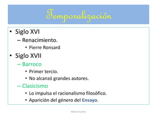 Temporalización
• Siglo XVI
– Renacimiento.
• Pierre Ronsard
• Siglo XVII
– Barroco
• Primer tercio.
• No alcanzó grandes autores.
– Clasicismo
• Lo impulsa el racionalismo filosófico.
• Aparición del género del Ensayo.
Marian Suárez
 