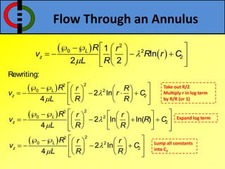 Flow Through an Annulus
 
 
2
0 2
2
1
ln
2 2
L
z
R r
v R r C
L R


    
     
  
  22
0 2
2
Rewriting:
2 ln
4
L
z
R r R
v r C
L R R


      
        
     
Take out R/2
Multiply r in log term
by R/R (or 1)
Expand log term
Lump all constants
into C2
  22
0 2
22 ln ln( )
4
L
z
R r r
v R C
L R R


       
         
      
  22
0 2
22 ln
4
L
z
R r r
v C
L R R


      
       
     
 