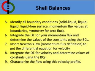 Shell Balances
5. Identify all boundary conditions (solid-liquid, liquid-
liquid, liquid-free surface, momentum flux values at
boundaries, symmetry for zero flux).
6. Integrate the DE for your momentum flux and
determine the values of the constants using the BCs.
7. Insert Newton’s law (momentum flux definition) to
get the differential equation for velocity.
8. Integrate the DE for velocity and determine values of
constants using the BCs.
9. Characterize the flow using this velocity profile.
 