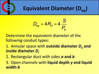 Determine the equivalent diameter of the
following conduit types:
1. Annular space with outside diameter Do and
inside diameter Di
2. Rectangular duct with sides a and b
3. Open channels with liquid depth y and liquid
width b
4 4eq H
w
S
D R
P
 
Equivalent Diameter (Deq)
 
