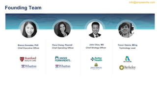 10
Founding Team
Bianca Gonzalez, PhD Flora Chang, PharmD John Chou, MD
Chief Executive Officer Chief Strategy Officer
info@ampaworks.com
Chief Operating Officer
Trevor Owens, MEng
Technology Lead
 
