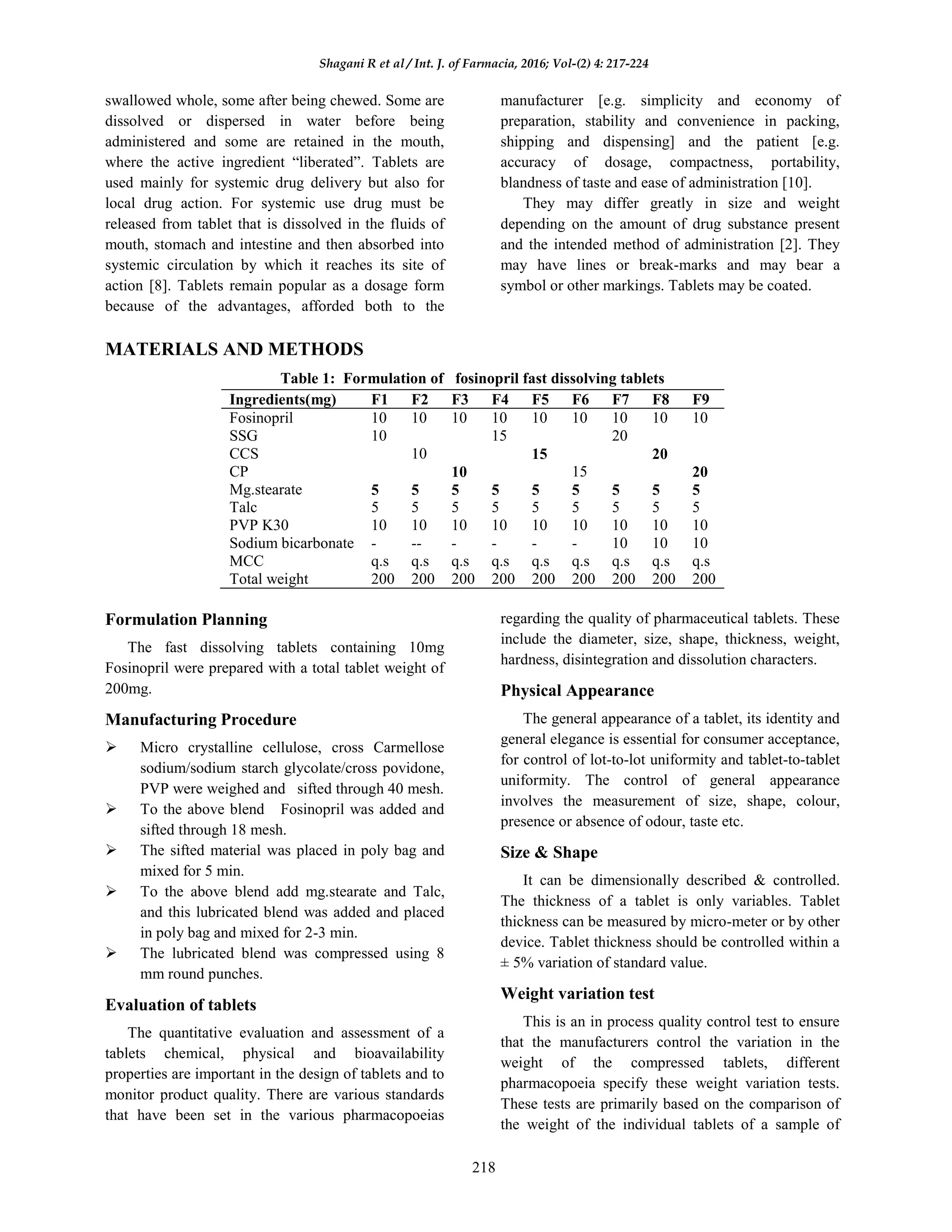 Formulation and In vitro evaluation of Fosinopril fast dissolving ...