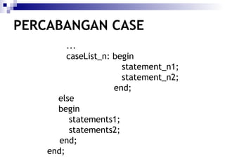 PERCABANGAN CASE
...
caseList_n: begin
statement_n1;
statement_n2;
end;
else
begin
statements1;
statements2;
end;
end;

 