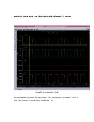 Variation in the slew rate of Op-amp with different Cc values
Figure 23: Slew rate with Cc=50fF.
The output of the op-amp is the curve Vout1. The compensation capacitance Cc here is
50fF. The slew rate of the of-amp is 46.045 MV / sec.
 