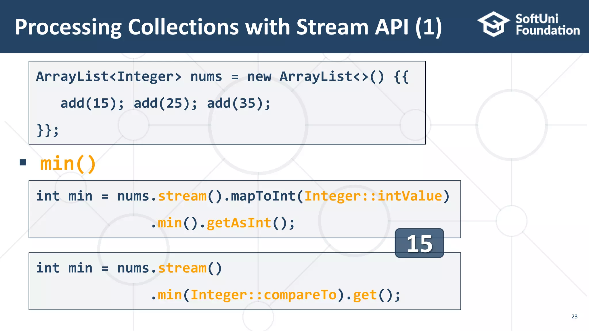  min()
Processing Collections with Stream API (1)
23
ArrayList<Integer> nums = new ArrayList<>() {{
add(15); add(25); add(35);
}};
int min = nums.stream().mapToInt(Integer::intValue)
.min().getAsInt();
int min = nums.stream()
.min(Integer::compareTo).get();
15
 