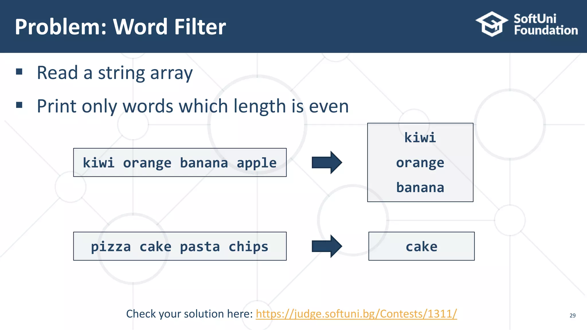  Read a string array
 Print only words which length is even
Problem: Word Filter
29
kiwi orange banana apple
kiwi
orange
banana
pizza cake pasta chips cake
Check your solution here: https://judge.softuni.bg/Contests/1311/
 