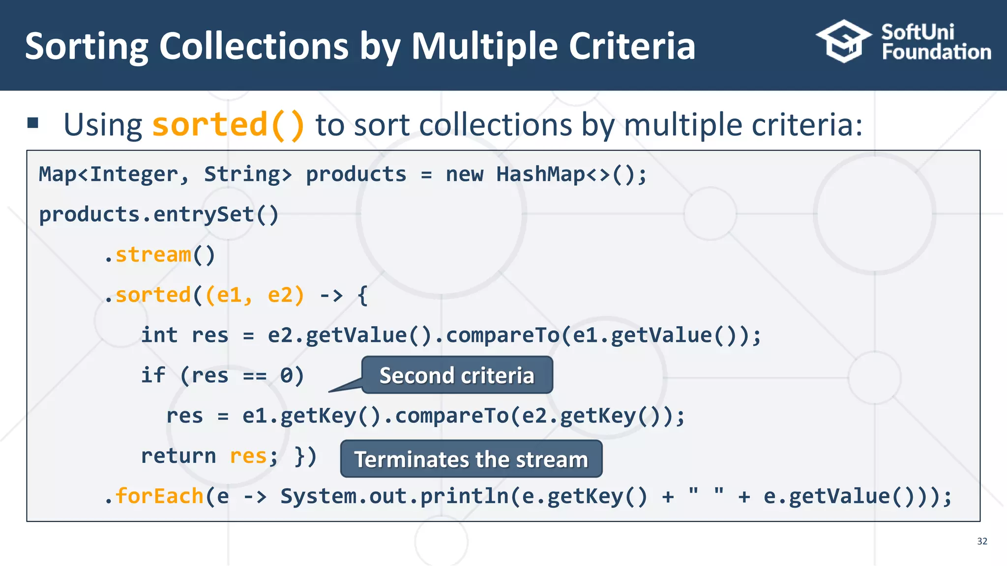  Using sorted() to sort collections by multiple criteria:
Sorting Collections by Multiple Criteria
32
Map<Integer, String> products = new HashMap<>();
products.entrySet()
.stream()
.sorted((e1, e2) -> {
int res = e2.getValue().compareTo(e1.getValue());
if (res == 0)
res = e1.getKey().compareTo(e2.getKey());
return res; })
.forEach(e -> System.out.println(e.getKey() + " " + e.getValue()));
Second criteria
Terminates the stream
 
